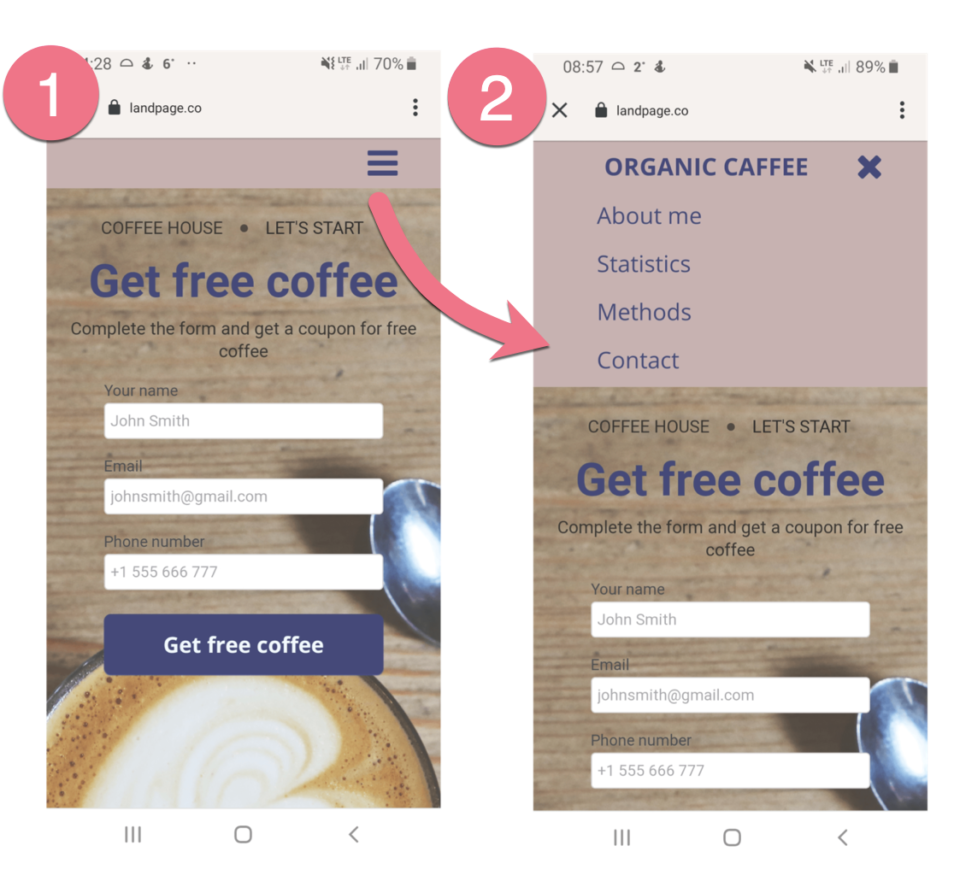 hamburger menu landing page