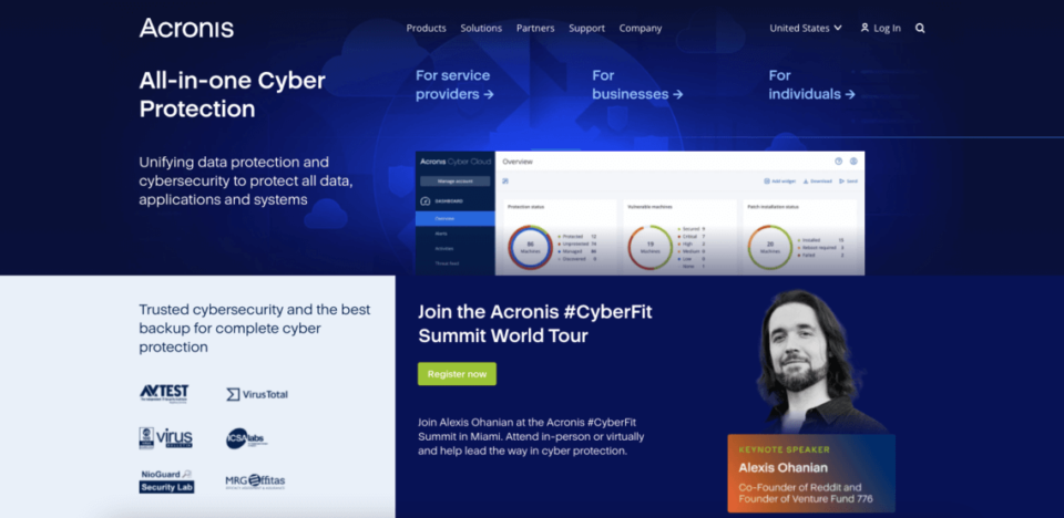 Screenshot of the Acronis landing page