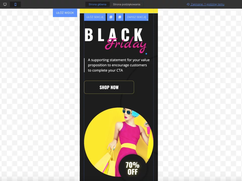 Widok mobilny landing page'a w trybie edycji
